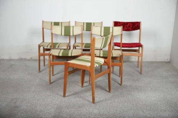 Seks spisestole, Erik Buch, teak, til ompolstring