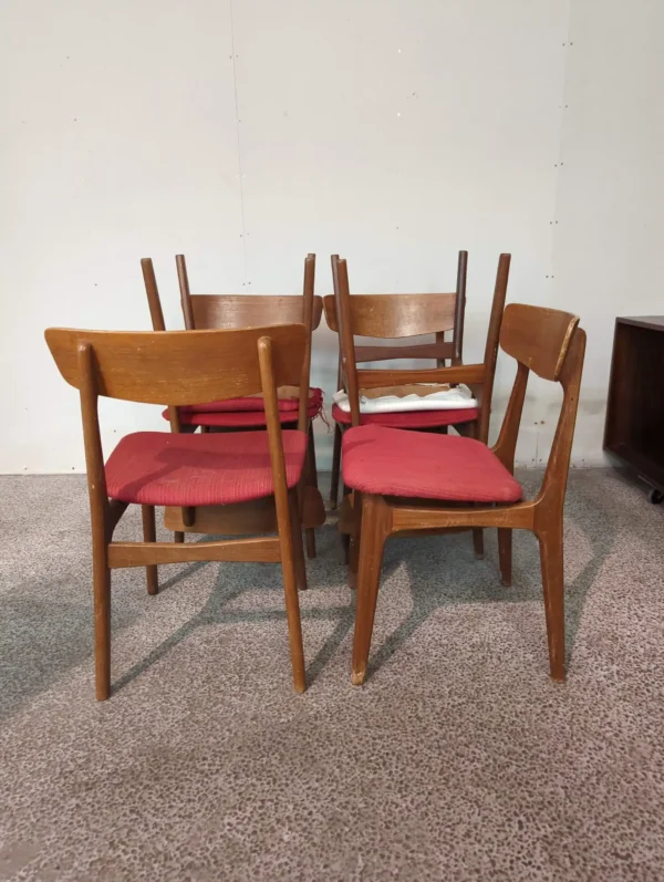 Seks spisestole i teak, Schønning & Elgaard, til ompolstring