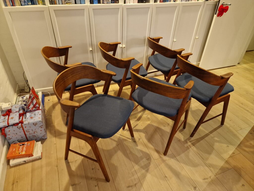 Seks spisestole, massiv teak, Kai Kristiansen model 32