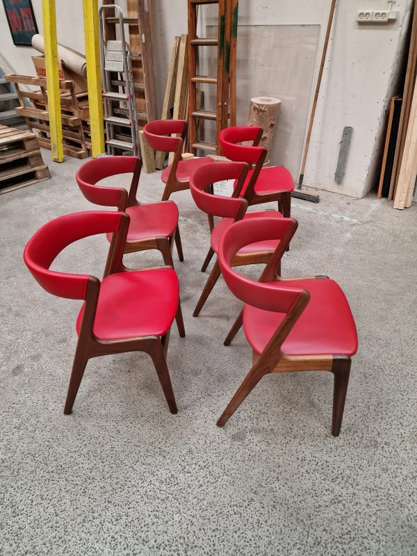 6 spisestole i massiv teak og rød polstring, Kai Kristiansen model Fire / Anderstrup model T21