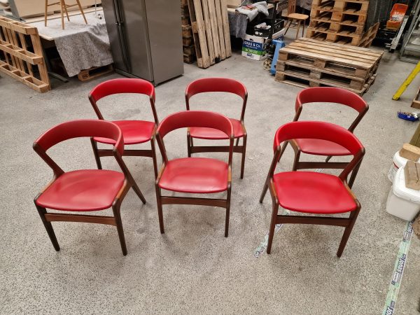 6 spisestole i massiv teak og rød polstring, Kai Kristiansen model Fire / Anderstrup model T21