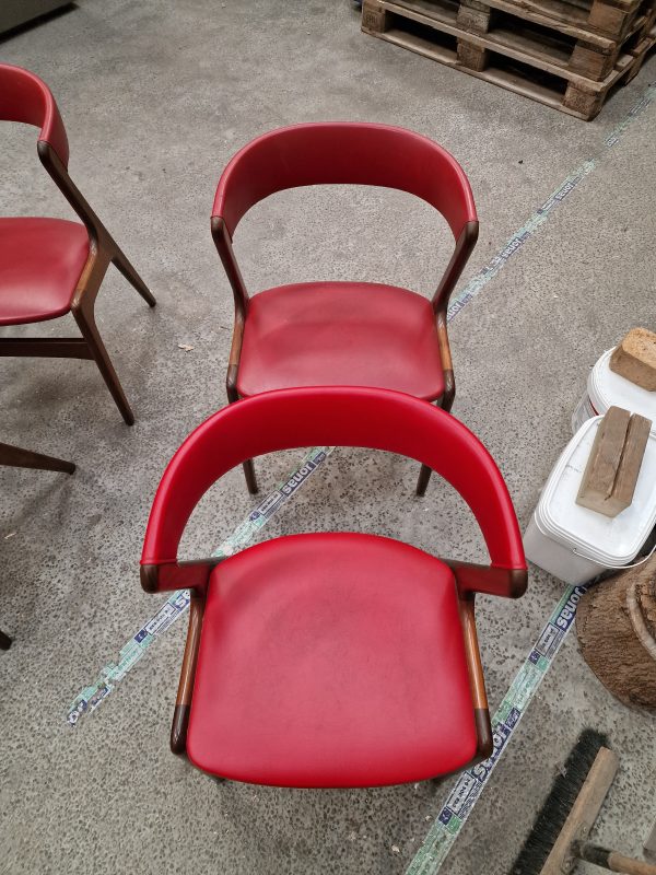 6 spisestole i massiv teak og rød polstring, Kai Kristiansen model Fire / Anderstrup model T21