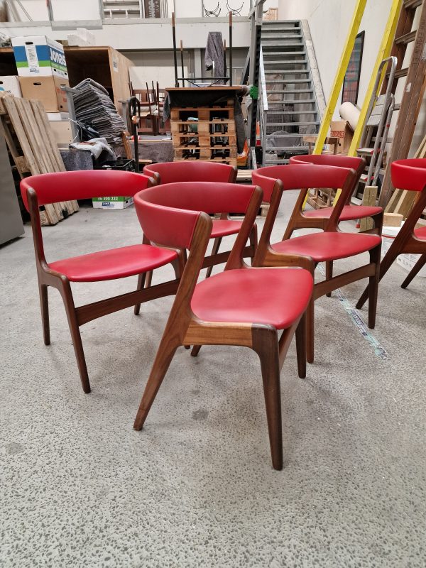 6 spisestole i massiv teak og rød polstring, Kai Kristiansen model Fire / Anderstrup model T21