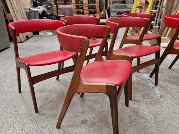 6 spisestole i massiv teak og rød polstring, Kai Kristiansen model Fire / Anderstrup model T21