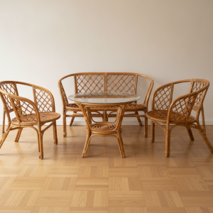 Bambusmøblement, 1980’erne – sofa, lænestole og sofabord