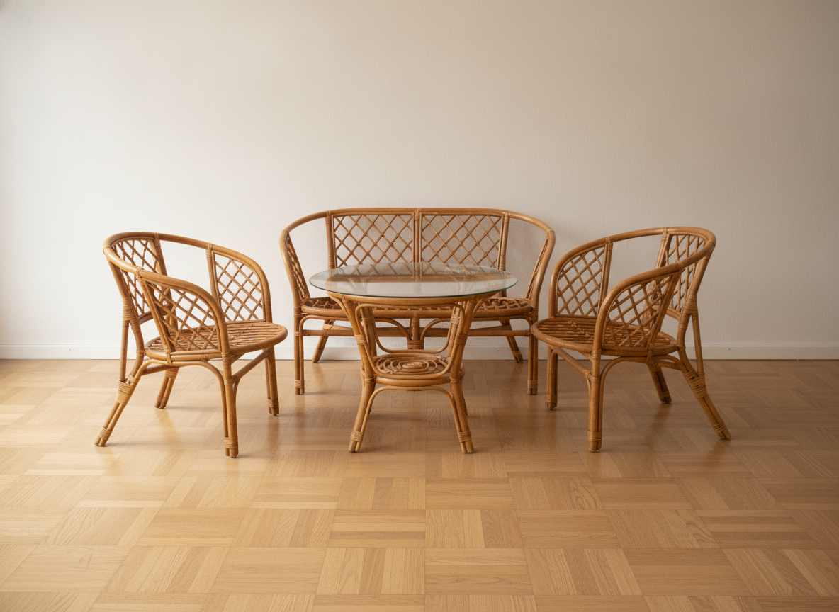 Bambusmøblement, 1980’erne – sofa, lænestole og sofabord