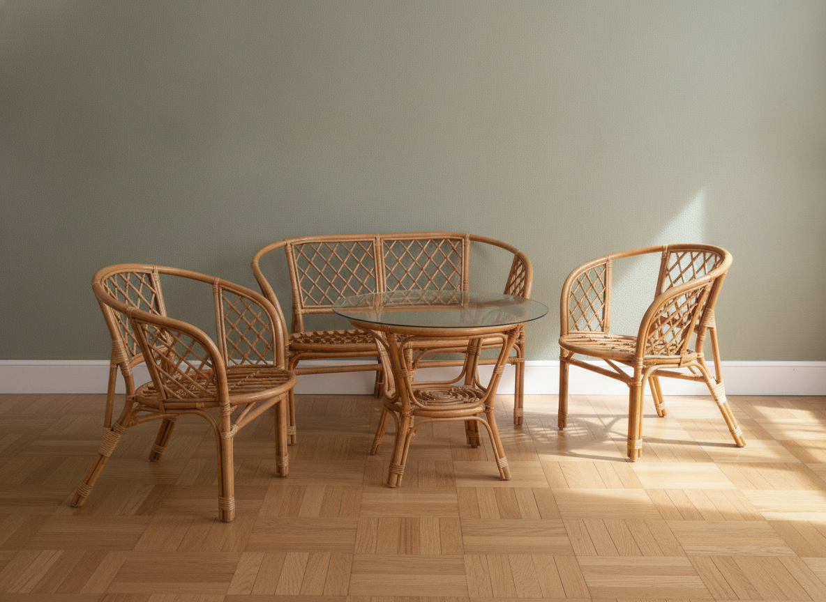 Bambusmøblement, 1980’erne – sofa, lænestole og sofabord
