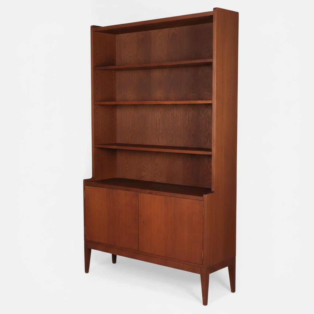 Dansk Snedkermester. Bogreol af eg og teak med underskab, Danmark, 1950/1960’erne.