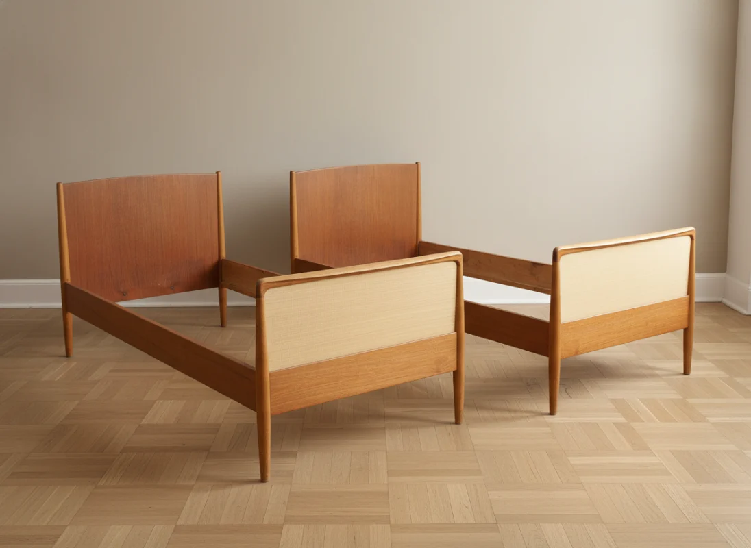 Et par senge i eg, teak og stråflet, ca. 1960’erne