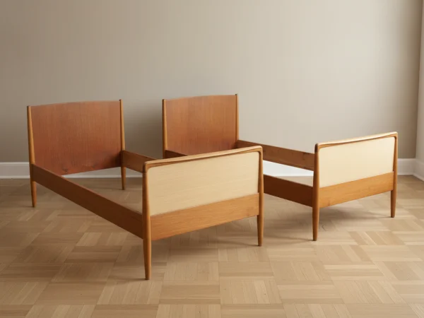 Et par senge i eg, teak og stråflet, ca. 1960’erne