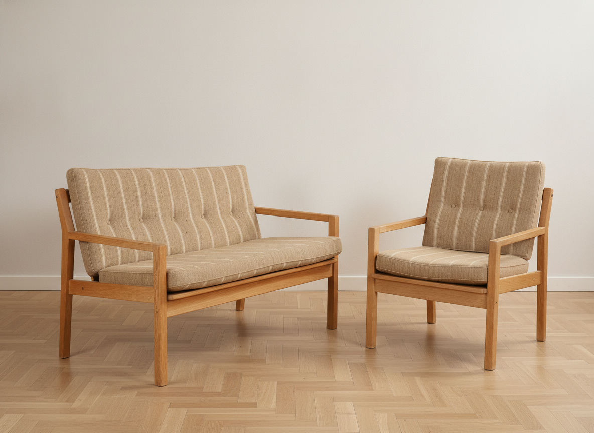 Sæt af to-personers sofa og en lænestol, massivt egetræ og stribet tekstil, dansk møbelproducent, 1950/60’erne, (2).