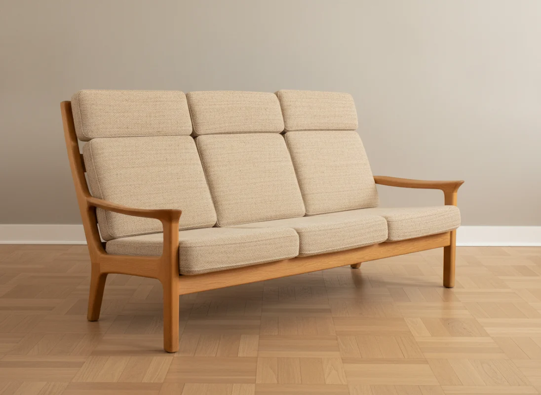 Juul Kristensen Trepersoners sofa i eg og gråt uldstof, Juul Kristensen