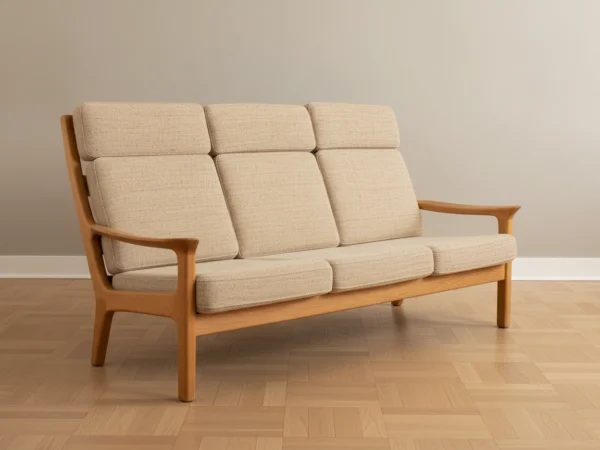 Trepersoners sofa i eg og gråt uldstof, Juul Kristensen