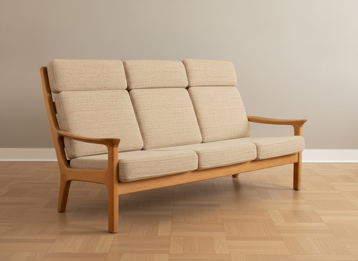 Trepersoners sofa i eg og gråt uldstof, Juul Kristensen