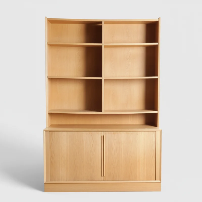 Ørum Møbelfabrik Reol med overdel af eg, front med overdel med hylder, herunder skænk med jalousilåger bag hvilke hylder og udtræksbakker. Udført og mærket hos Ørum Møbelfabrik. Danmark, 1960-70’erne (2).